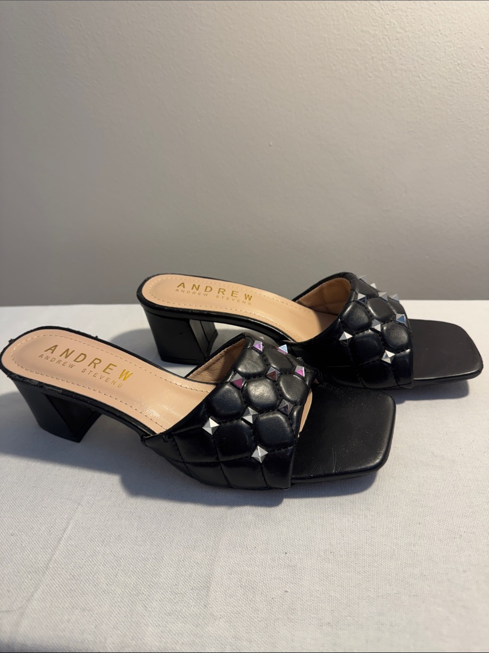 Andrew Stevens Black Quilted Studded Slide Mules